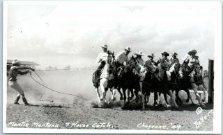 1949 Cheyenne Frontier Days Rodeo Rppc Postcard " Montie Montana 7 Horse Catch "