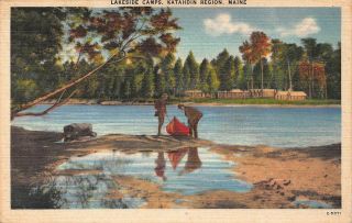 Vtg Postcard Lake Camp Cabins Men Fishing Canoe Mt Katahdin Maine Me / B13