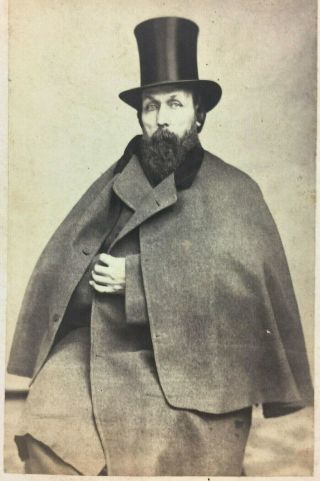 Civil War Era Cdv Photo Of Intimidating Bearded Man Wearing Cloak W Top Hat 1864