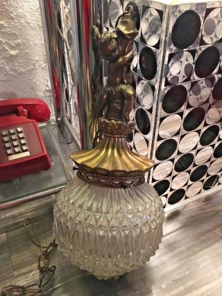 Vintage Mid Century Hollywood Regency Glass Cherub Swag Hang Lamp Lights 4