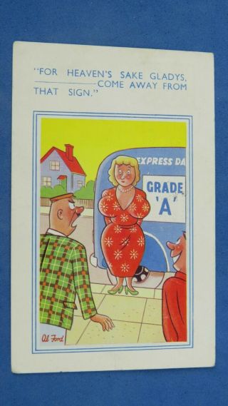 Risque Comic Postcard 1950s Big Boobs Grade A Express Dairy Milk Milkman Van