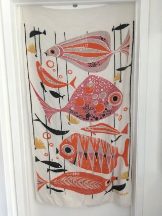 Vtg 50s Tropical Fish Beach Bath Towel Ralph Hulett Tiki Mcm Modern Art