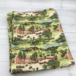 Vintage Grandma Moses Barkcloth Checkerboard House Fabric 2
