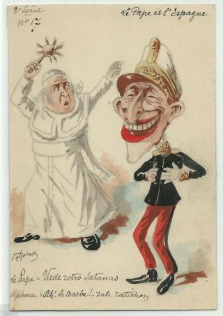 Pope And King Of Spain Handpainted Cartoon Postcard Signed Roberty 1910