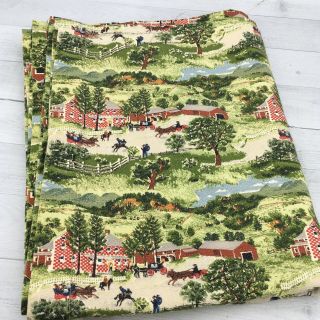 Vintage Grandma Moses Barkcloth Checkerboard House Fabric