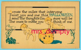 Halloween Davis Ser.  657 Naked Cupids & Pumpkin Arts & Crafts 1912 Postcard 1