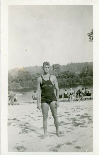 Vintage Photo - Handsome Man At The Beach In Swim Trunks & Asbury Park Shirt