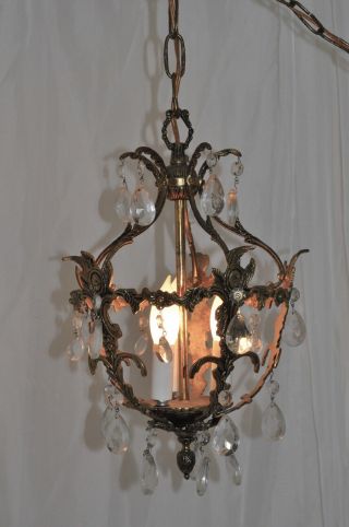 Vintage Petite Brass & Crystals Chandelier 4 Lights Small