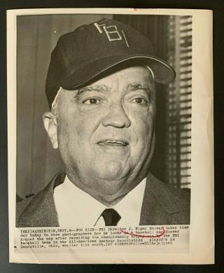 1960 J.  Edgar Hoover W Fbi Baseball Cap Ap Newswire Press Photo