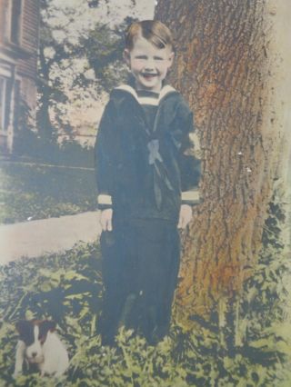 Antique Hand Colored Photograph Of Boy In A Sailor Suit With Little Dog