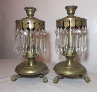 Pair 2 Antique 19th Century Claw Footed Brass Crystal Candlestick Candle Holders