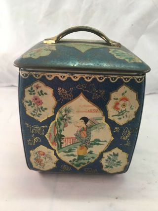 Vintage Asian Japanese Chinese Motif Floral Blue Metal Tin Container Handled Lid