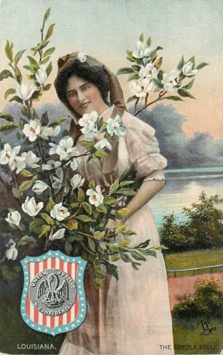 Tucks State Belle Postcard 2669; Louisiana La Creole Girl Magnolias State Seal