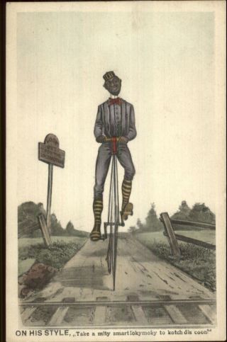Well - Dressed Black Man Penny Farthing Bicycle At Rr Tracks C1910 Postcard