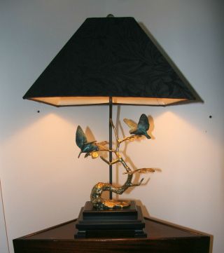 Frederick Cooper Birds Frolic On Branch Table Lamp Brass & Bronze W Signed Shade