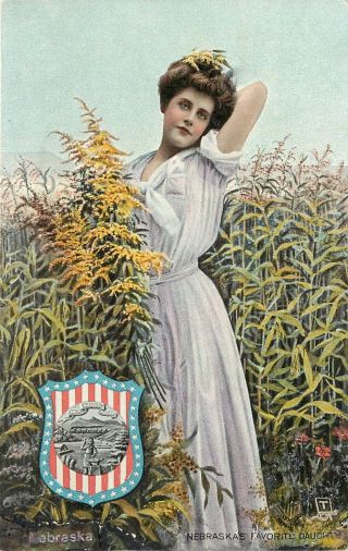 Tucks State Belle Postcard 2669; Nebraska Girl Favorite Daughter Corn State Seal