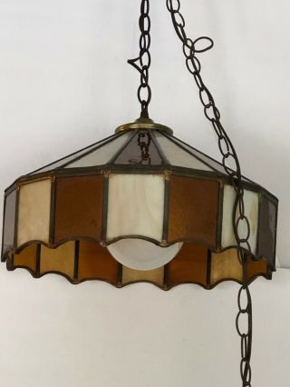 Stained Glass Vintage 15” Slag Hanging Swag Lamp Ceiling Light Amber Brown Panel