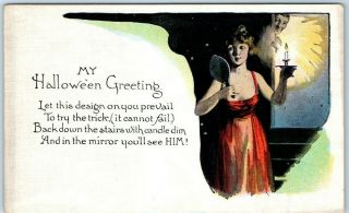 Vintage 1910s Halloween Postcard Woman Candle Mirror H.  I.  R.  Series 363