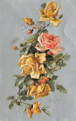 Lp02 Catherine Klein Flowers Floral Postcard Artist Signed Roses Embossed