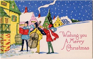 Vintage Art Deco Christmas 2 Minstrels Play For Village Snowing Cottage Postcard