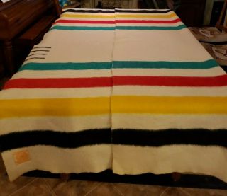 Vintage Hudson Bay 100 Wool Blanket Stripe - 70” X 89” Made In England