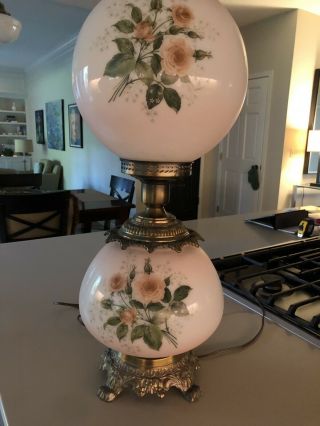 Antique Floral Painted Hurricane Glass Metal Table Lamp Gone With The Wind