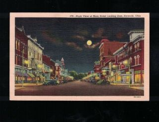 1942 Night View Of Main Street Looking East Norwalk Ohio Postcard - Hotel Avalon