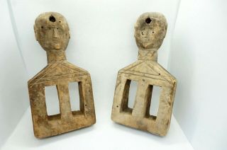 Antique Primitive Weaving Loom Wooden Carved Heddle Bobbins Pulley Figural Heads