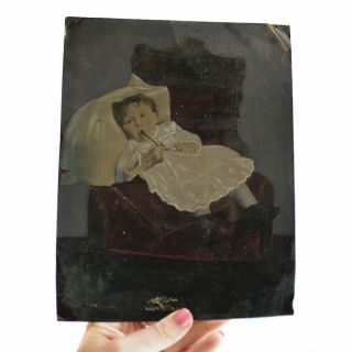 Large 8.  75 " Antique Hand Painted Tintype Photo Toddler Reclining In Chair Baby