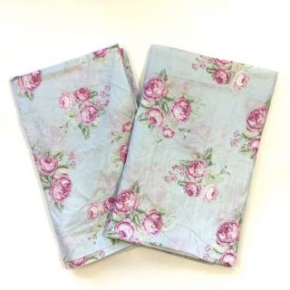 2 Simply Shabby Chic Curtain Panels Pale Blue Pink Roses Semi - Sheer Rod Pocket