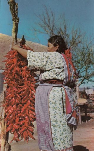 Vintage Chrome Postcard B175 Hanging Chili Drying Mexico Ristras Woman