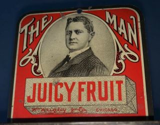ANTIQUE 1920s JUICY FRUIT GUM TIN WALL MATCH HOLDER WITH STRIKER 2