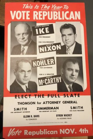 RARE Eisenhower Nixon McCarthy Wisconsin Campaign Poster 1952 5