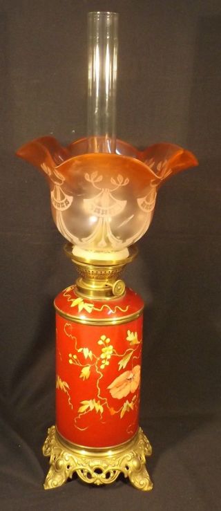 1890 ' S KEROSENE CERAMIC VASE LAMP KOSMOS BURNER RUBY ETCHED SHADE POPPIES 2