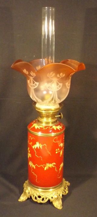 1890 ' S KEROSENE CERAMIC VASE LAMP KOSMOS BURNER RUBY ETCHED SHADE POPPIES 3