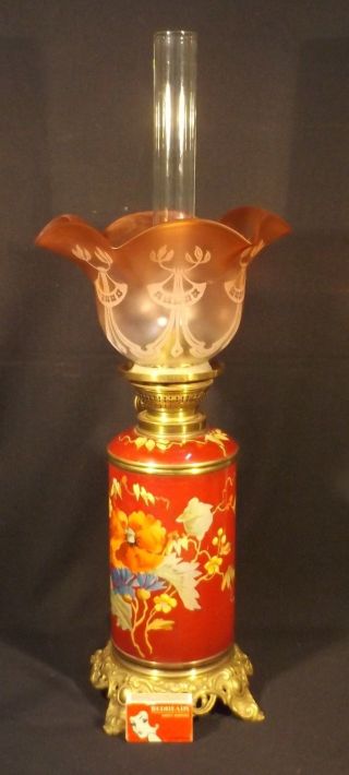 1890 ' S KEROSENE CERAMIC VASE LAMP KOSMOS BURNER RUBY ETCHED SHADE POPPIES 4