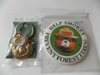 Vintage Smokey The Bear Brass Key Chain & Pin