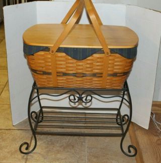 Longaberger Collectors Club Family Picnic Basket W/lid & Wrought Iron Stand