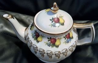 Vintage Sadler England Teapot Grapes Pears And Gold Off White