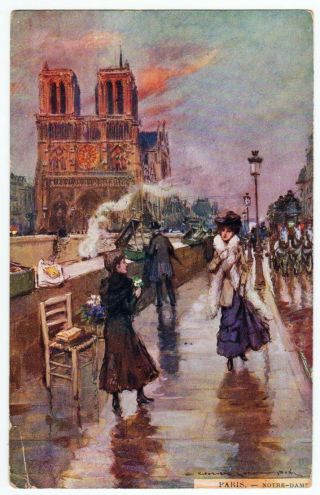 Paris Notre Dame Antique Postcard Artist Signed 1908