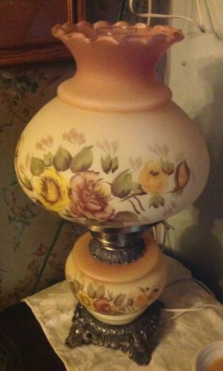 Vintage Table Top Gone With The Wind Floral Glass Hurricane Lamp 3 Way Lighting