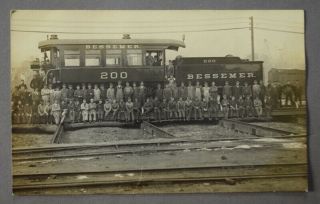 1908 Rppc Bessemer & Lake Erie Railroad Train Engine 200 W/ Railroad Workers