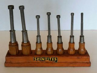 Vintage Spintite Wood Handled Socket Set Of 7 Wrenches Made In Usa