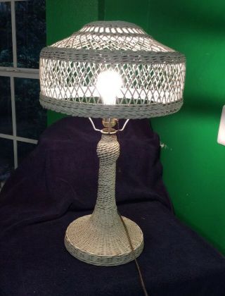 Art Deco Authentic White Wicker Table Lamp By Heywood Wakefield 23” H