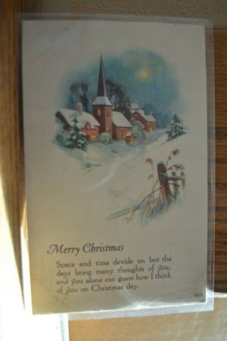 C 1920 Winter Scene With Church Merry Christmas Postcard