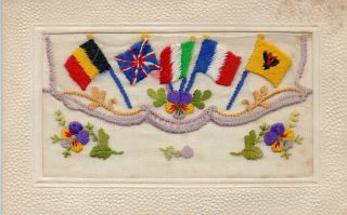 Allied Flags: Ww1 Patriotic Embroidered Silk Postcard