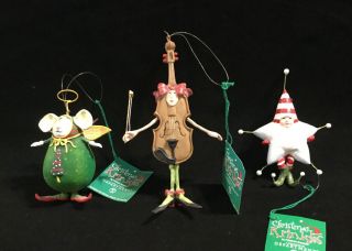 Group 3 Dept.  56 Christmas Krinkles Angel Mouse,  Violin,  And Candy Cane Star