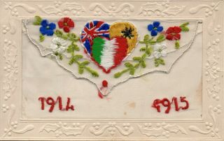 1914 1915: Allied Flags: Ww1 Patriotic Embroidered Silk Postcard
