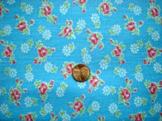 Red Floral On Blue Full Vtg Feedsack Quilt Sewing Doll Clohtes Craft Fabric