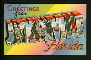 Large Letter Linen Vintage Postcard Jacksonville,  Florida Fl Tichnor
